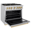 ZLINE 5-Piece Appliance Package - 36-Inch Gas Range, Hood, Refrigerator, Dishwasher, and Microwave Drawer in Stainless Steel with Gold Accents
