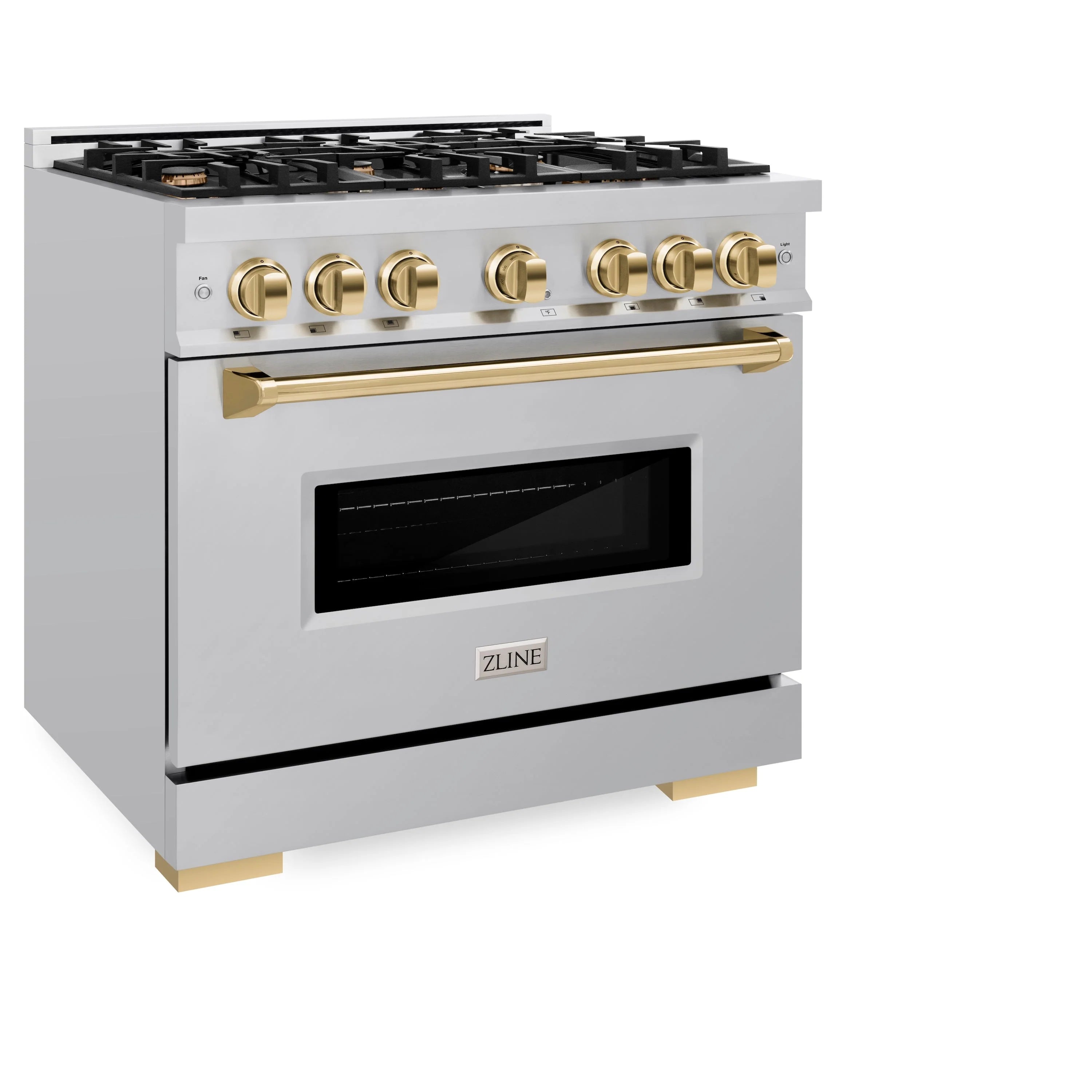 Stainless steel gas range with polished gold oven handle and control knobs