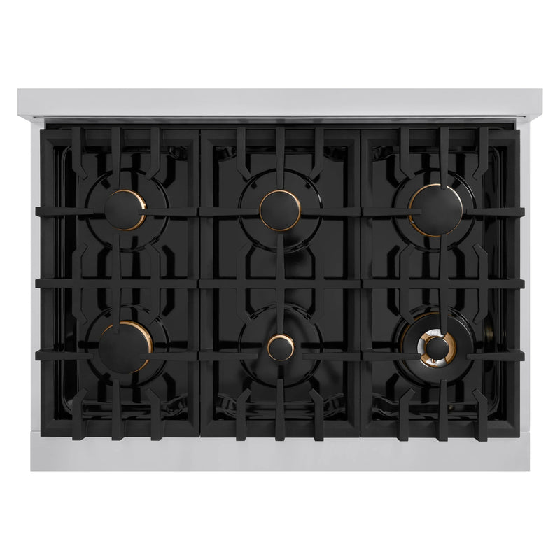 ZLINE 5-Piece Appliance Package - 36-Inch Gas Range, Hood, Refrigerator with Water Dispenser, Dishwasher, and Microwave Drawer in Stainless Steel with Gold Accents