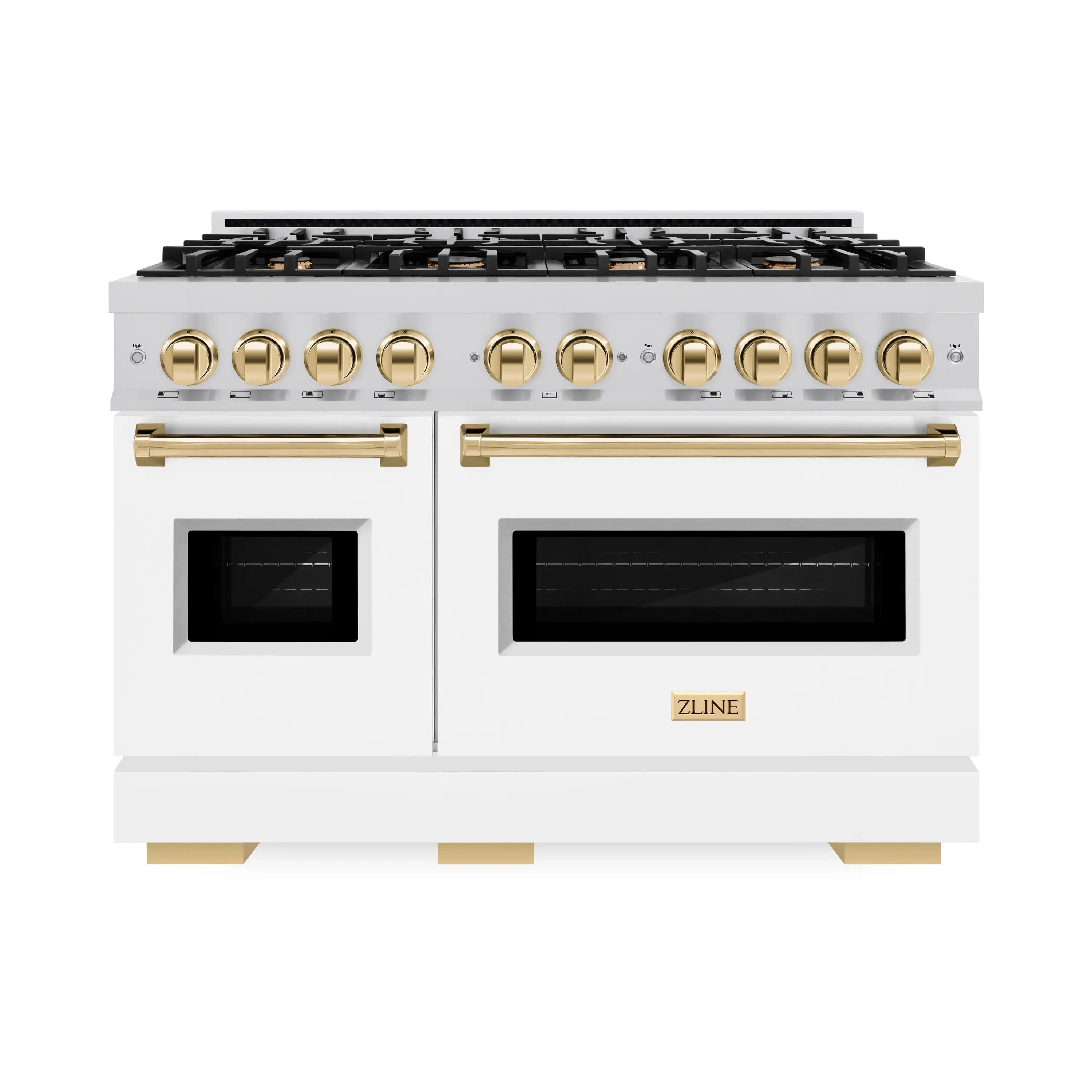 48-inch dual fuel range in white with black oven windows and polished gold controls