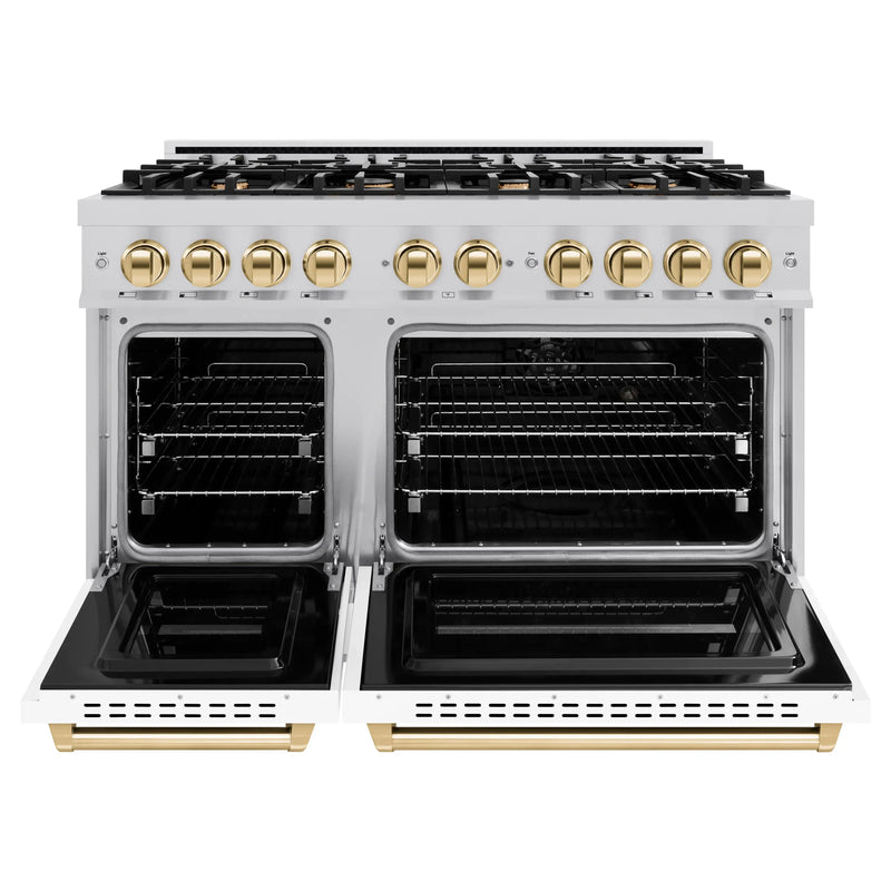 ZLINE Autograph Edition 48-Inch Classic Series Dual Fuel Range with 8 Gas Burner Cooktop and 6.7 Cu. Ft. Electric Convection Oven in Stainless Steel with White Matte Door and Polished Gold Accents (CDRZ-WM-48-G)