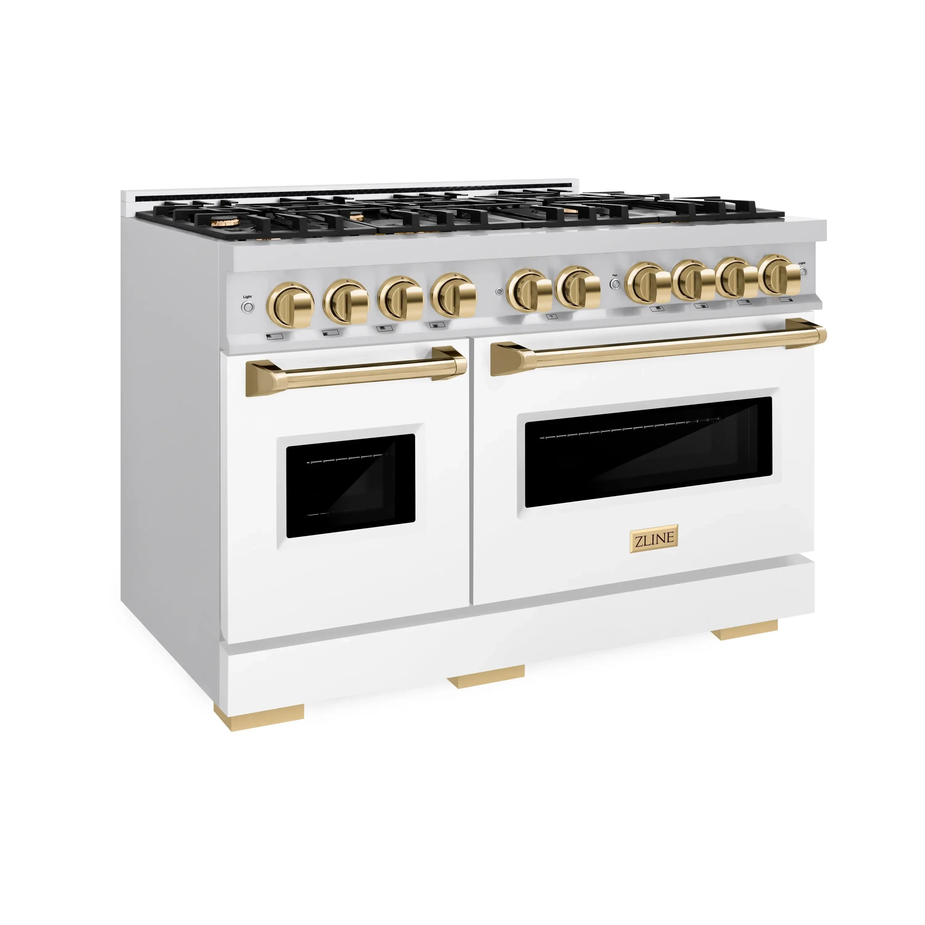 White dual fuel range with gold knobs and handles and two glass oven doors