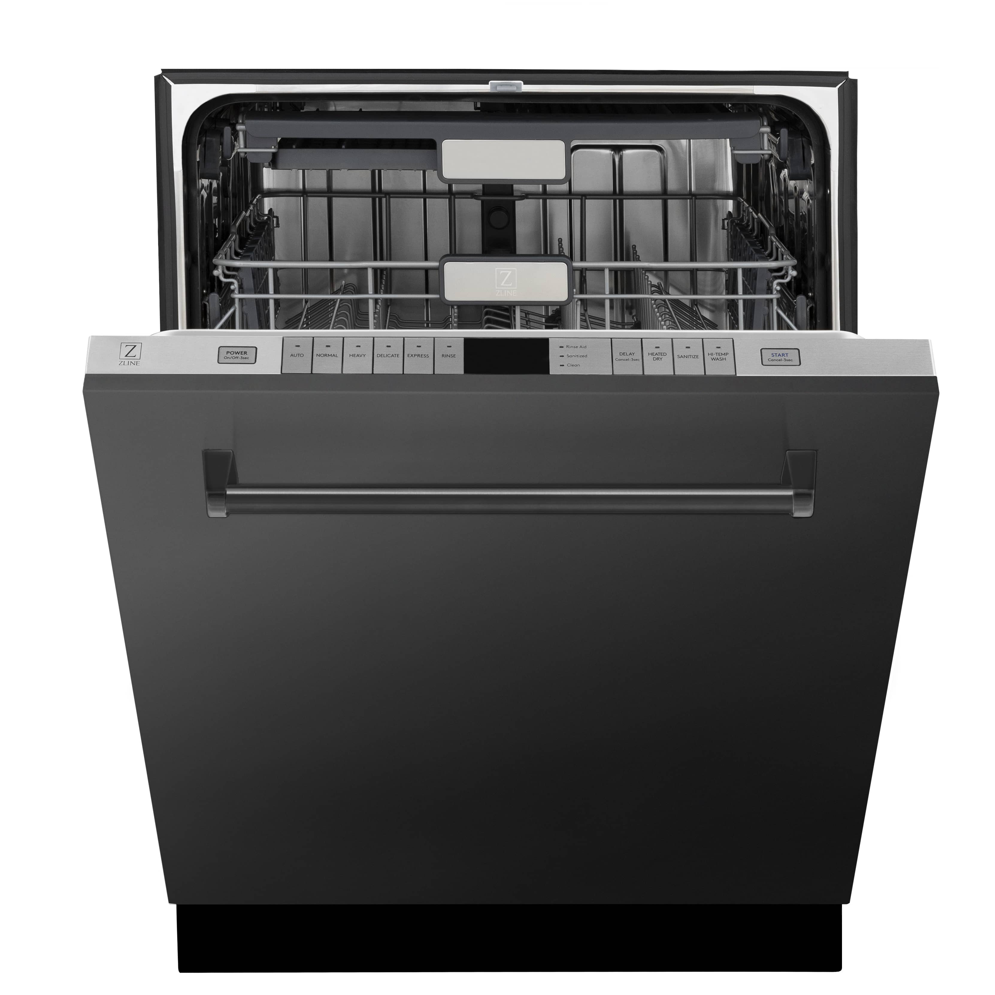 Black stainless dishwasher with door open, showing upper and lower racks