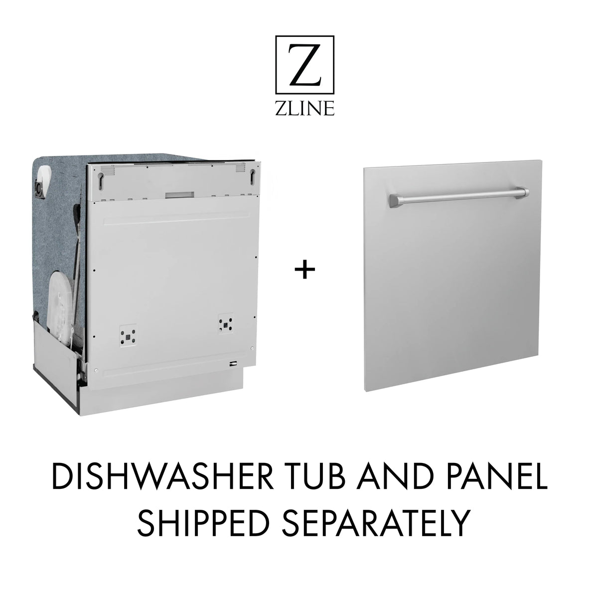 Dishwasher tub and front panel components shown separately