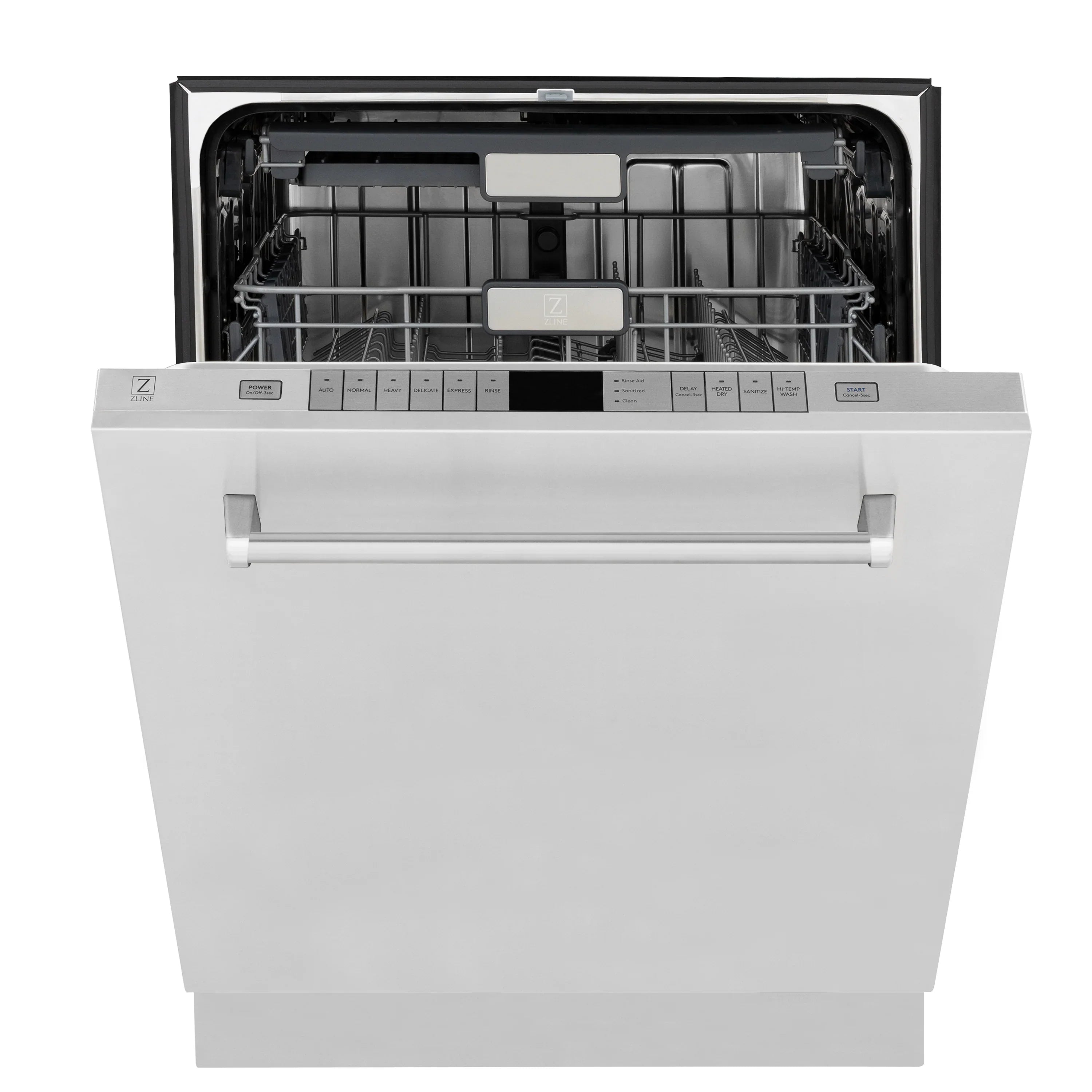 Built-in dishwasher with open door and interior racks