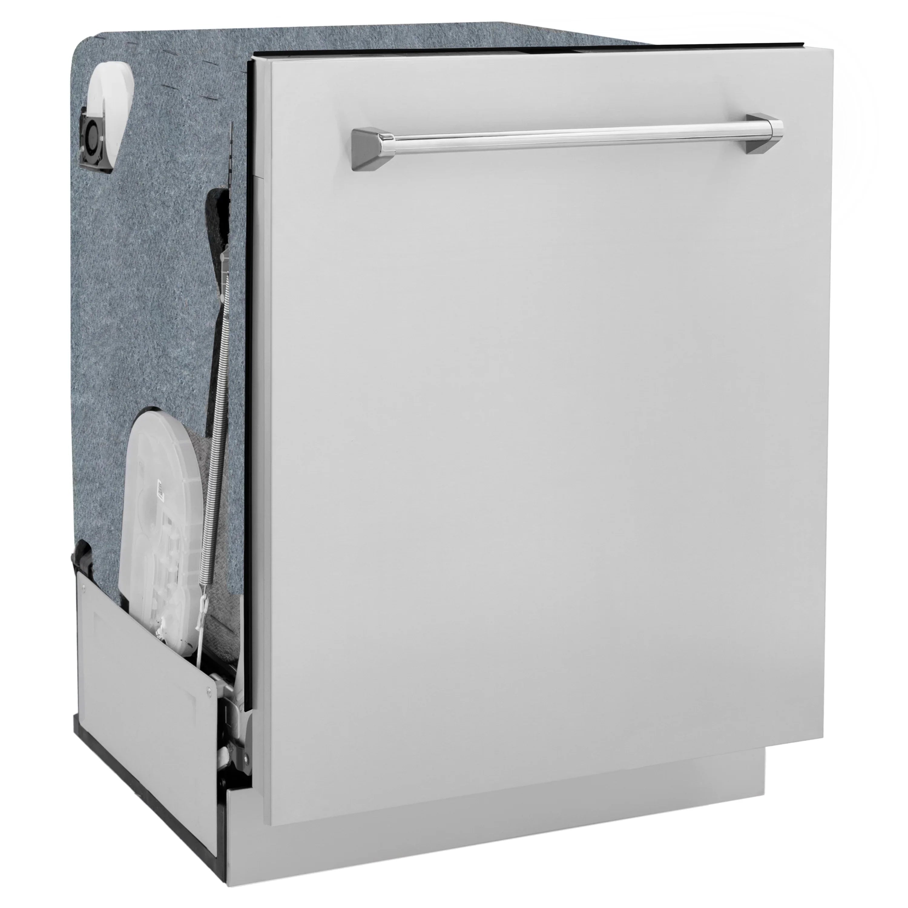 Dishwasher side view with open door and pull-out rack compartment