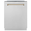 ZLINE 4-Piece Appliance Package - 48-Inch Dual Fuel Range, Hood, Refrigerator with Water Dispenser, and Dishwasher in Stainless Steel with Champagne Bronze Accents