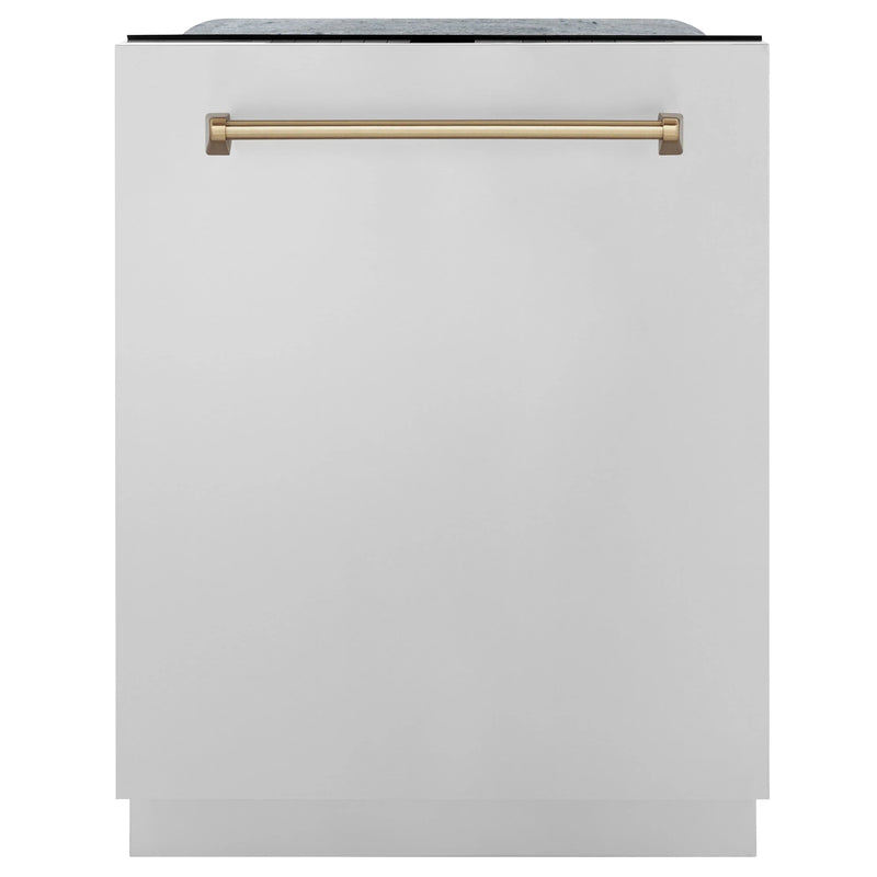 ZLINE 4-Piece Appliance Package - 48-Inch Dual Fuel Range, Hood, Refrigerator with Water Dispenser, and Dishwasher in Stainless Steel with Champagne Bronze Accents