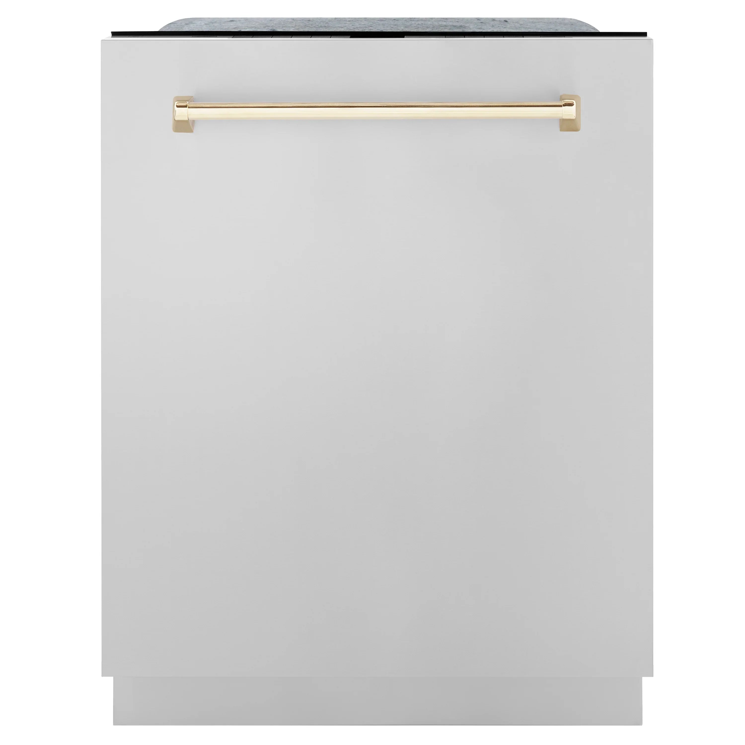 White refrigerator door with gold pull handle
