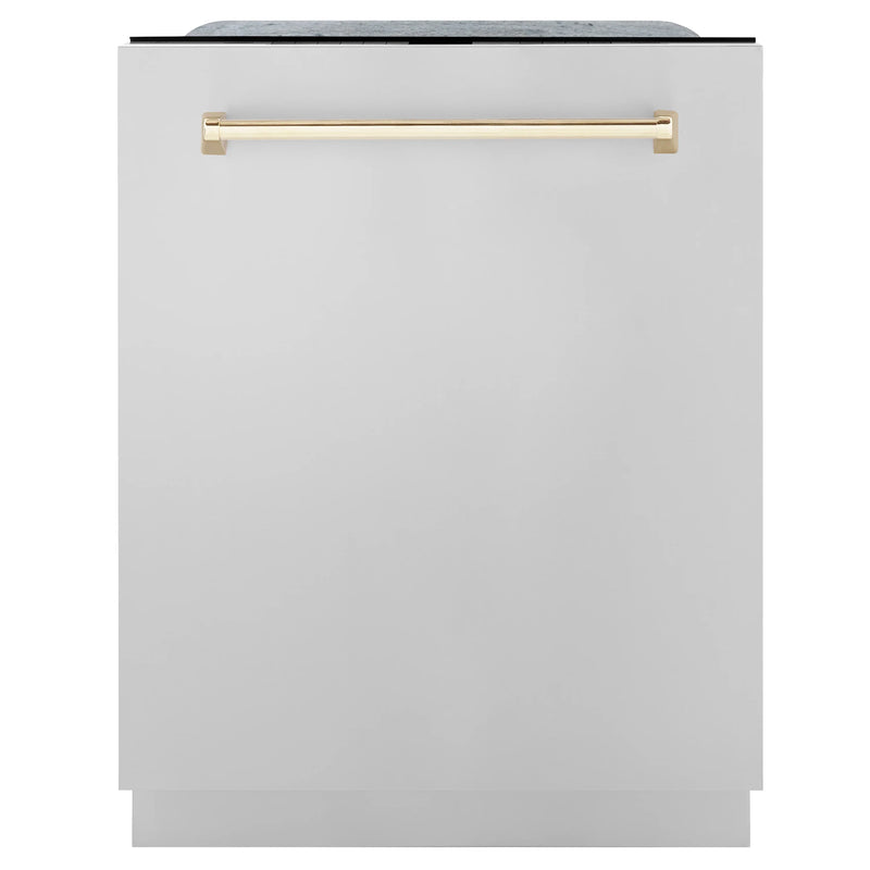 ZLINE 5-Piece Appliance Package - 36-Inch Gas Range, Hood, Refrigerator with Water Dispenser, Dishwasher, and Microwave Drawer in Stainless Steel with Gold Accents