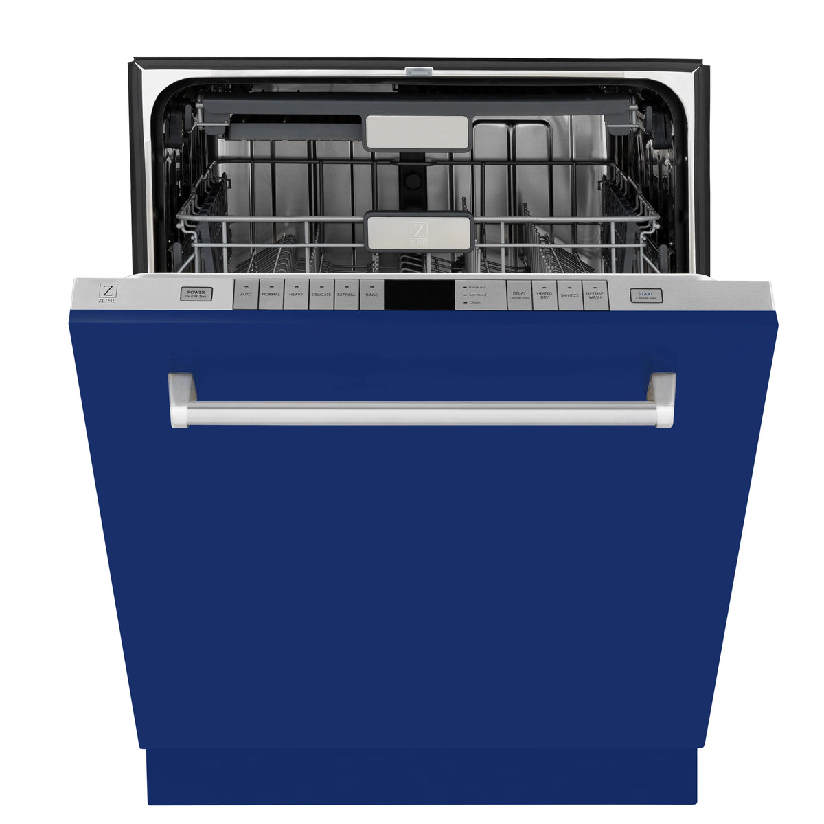 Blue dishwasher interior with top rack, silver spray arm, and cup shelf detail