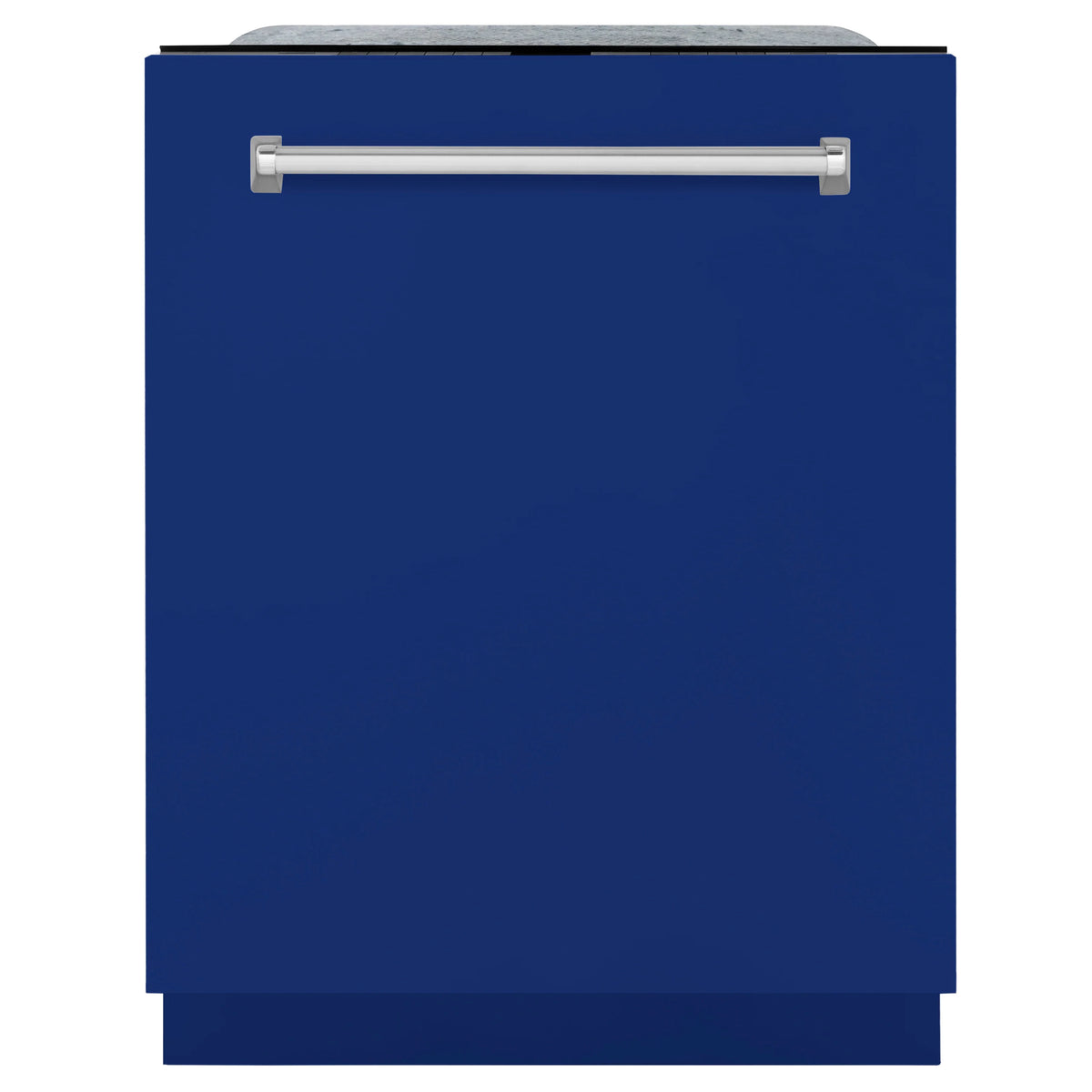 Matte blue dishwasher front panel with silver horizontal handle bar