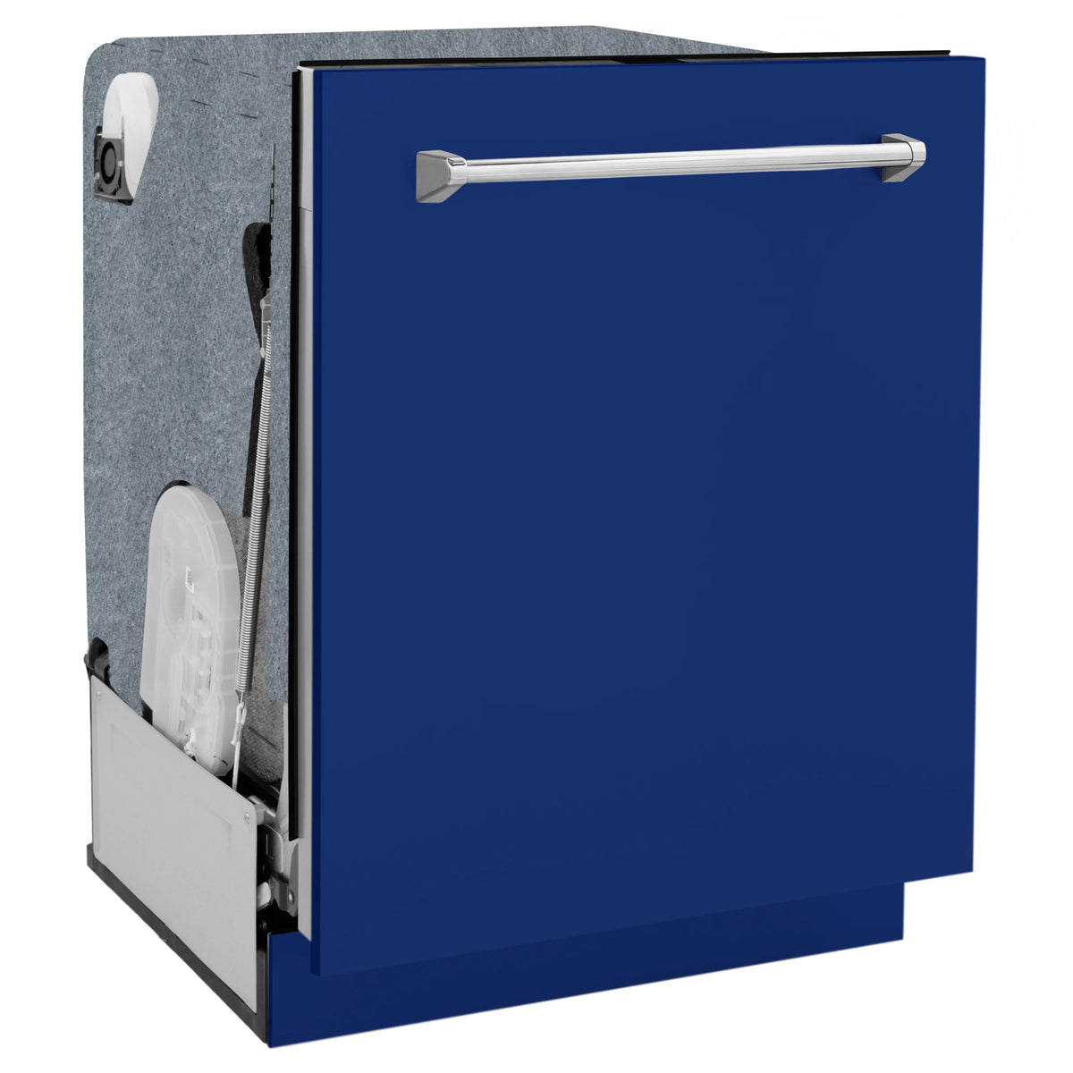Matte blue dishwasher with silver top handle bar and side access panel