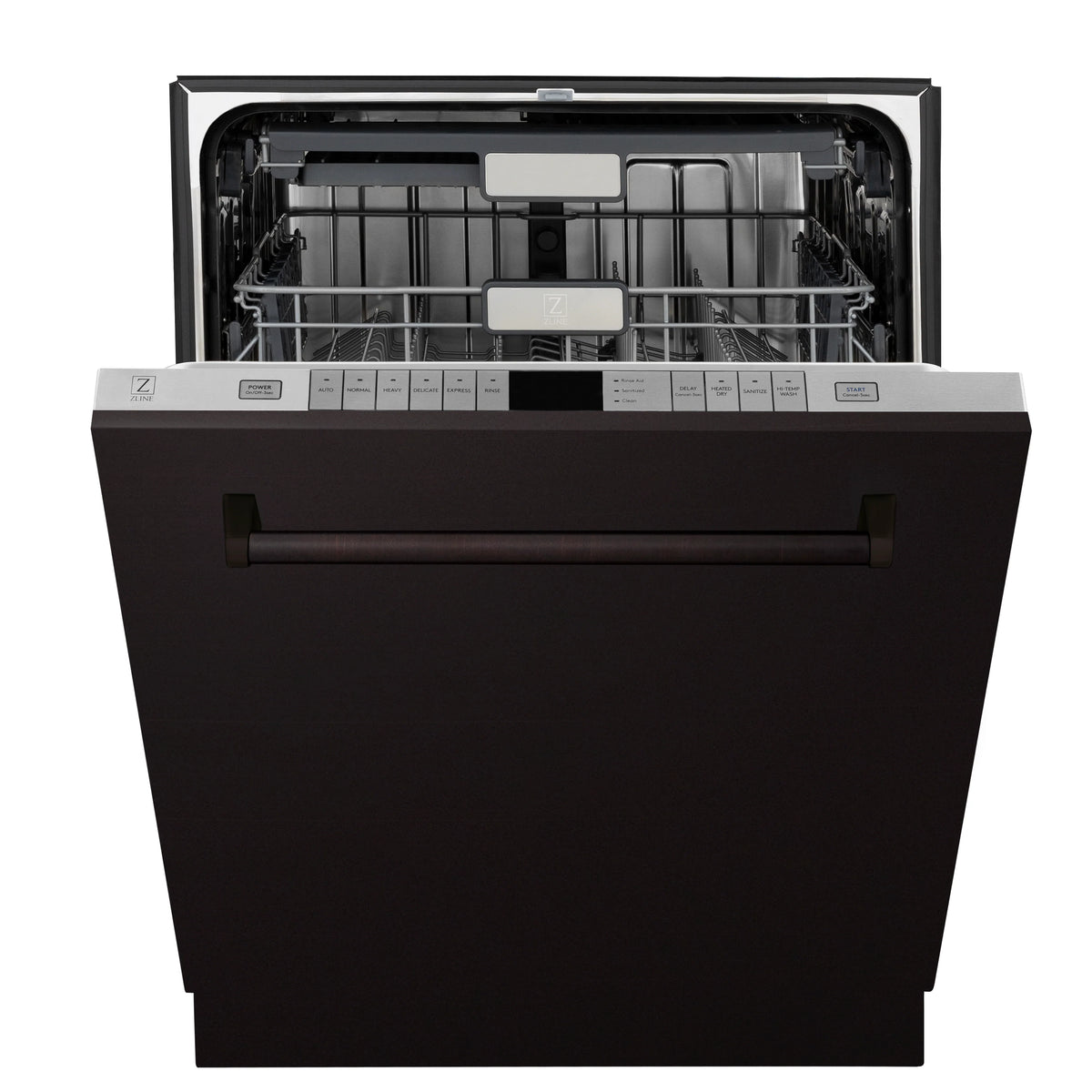 Dishwasher open door with top touch control panel above metal racks