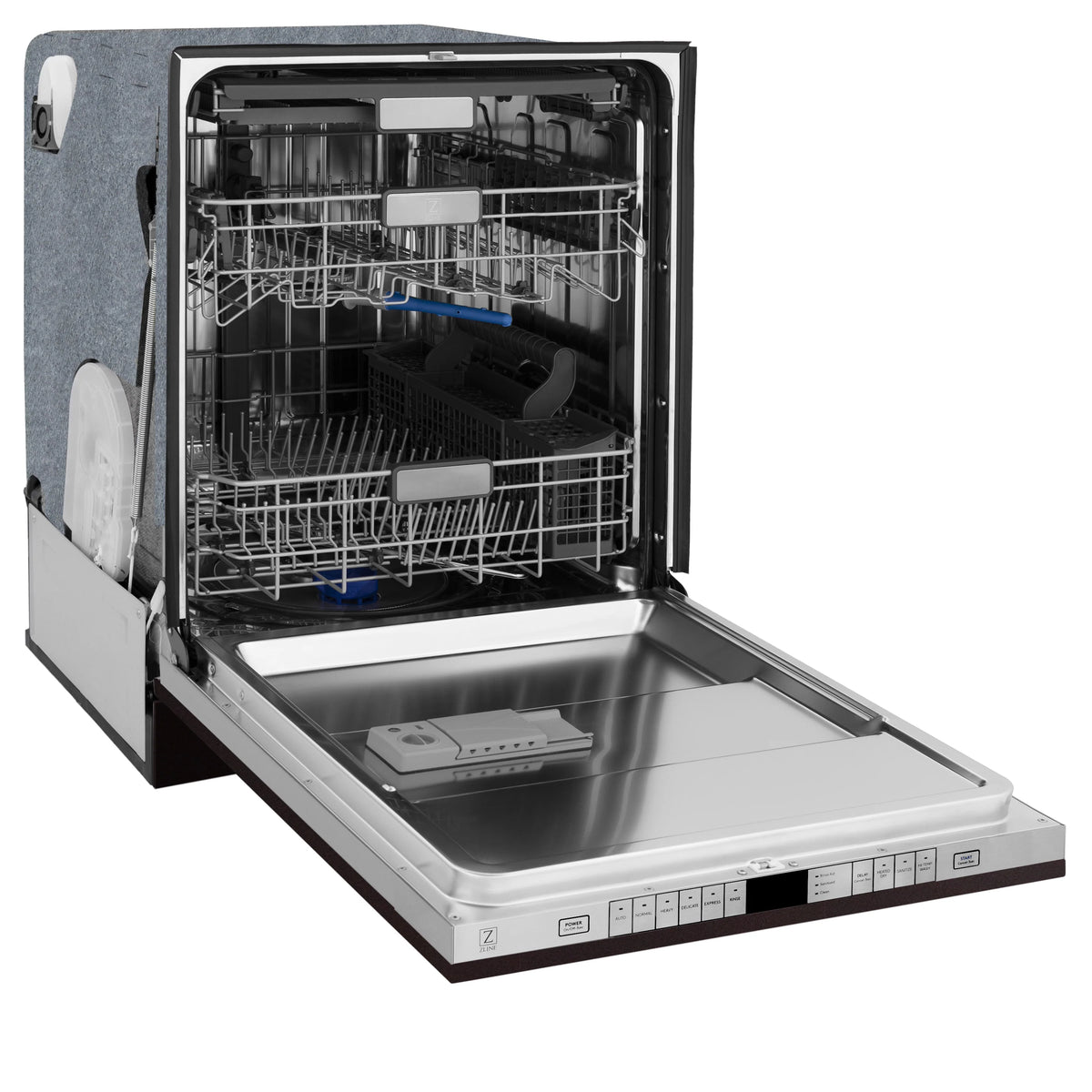 Dishwasher with stainless steel interior and wire racks on a visible lower tray