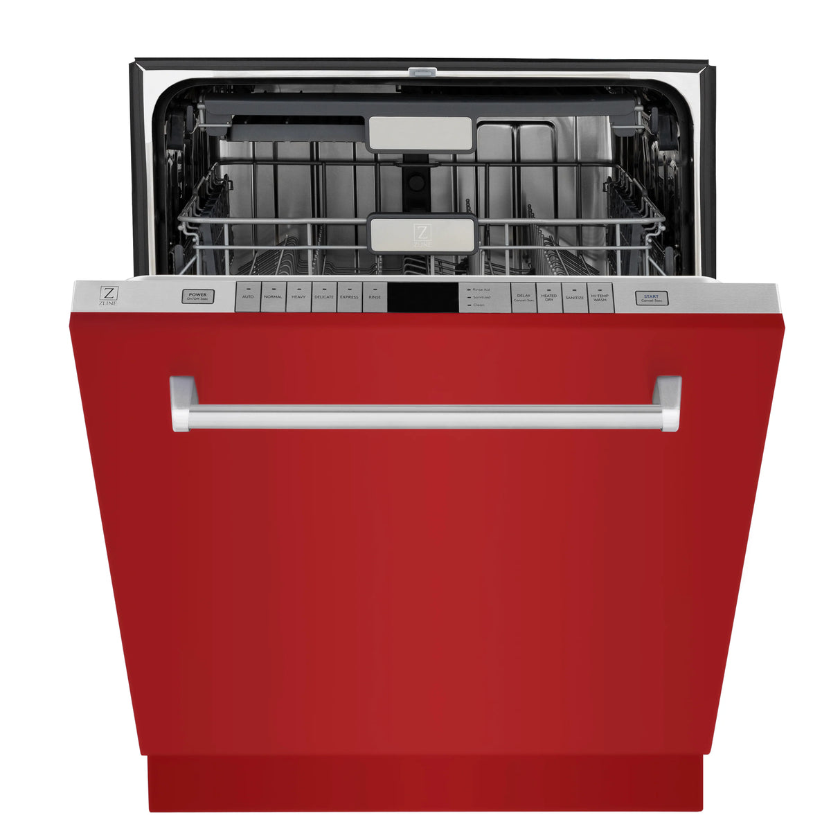 Dishwasher door front panel in red with silver handle, open interior racks