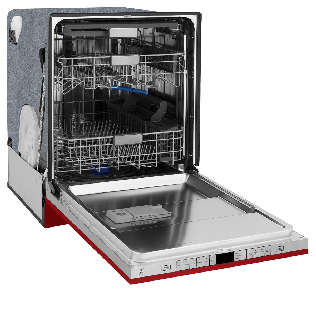 Built-in dishwasher with red door open, stainless tub and loaded racks