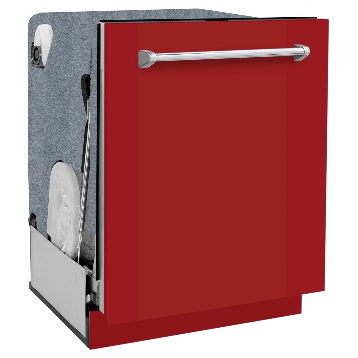 Dishwasher door panel in red with stainless handle and open gray cabinet side
