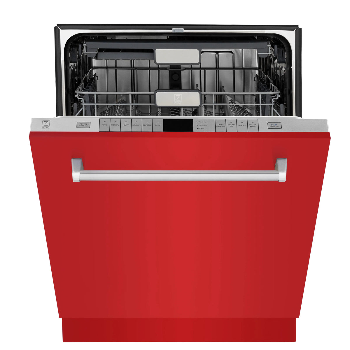 Red matte dishwasher front with open stainless interior racks and spray arm area
