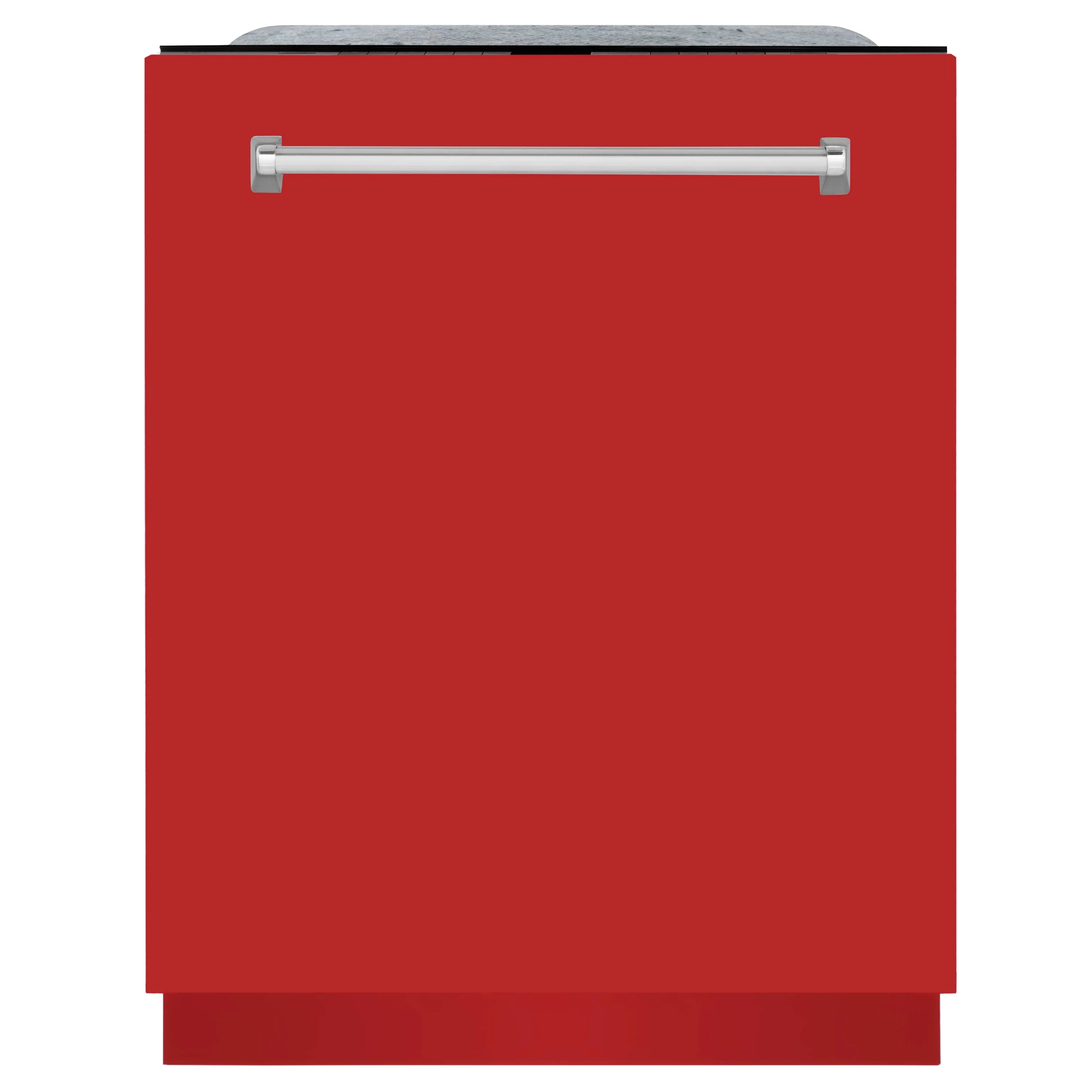 Red matte dishwasher door panel with horizontal stainless handle bar