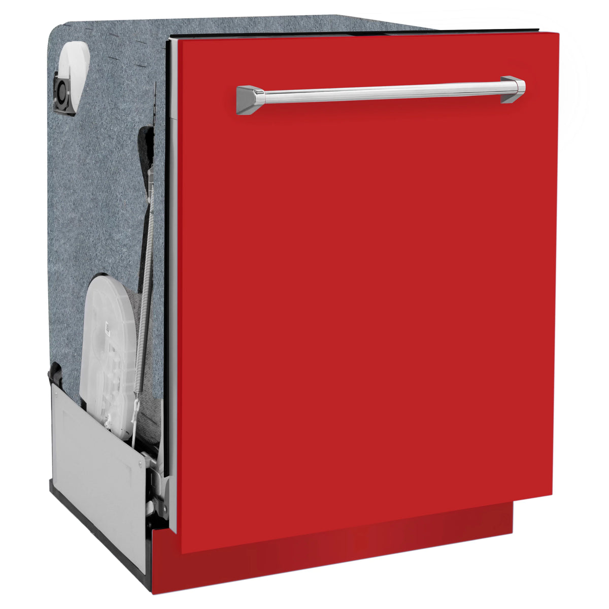 Red matte dishwasher exterior with stainless handle; open side view showing racks