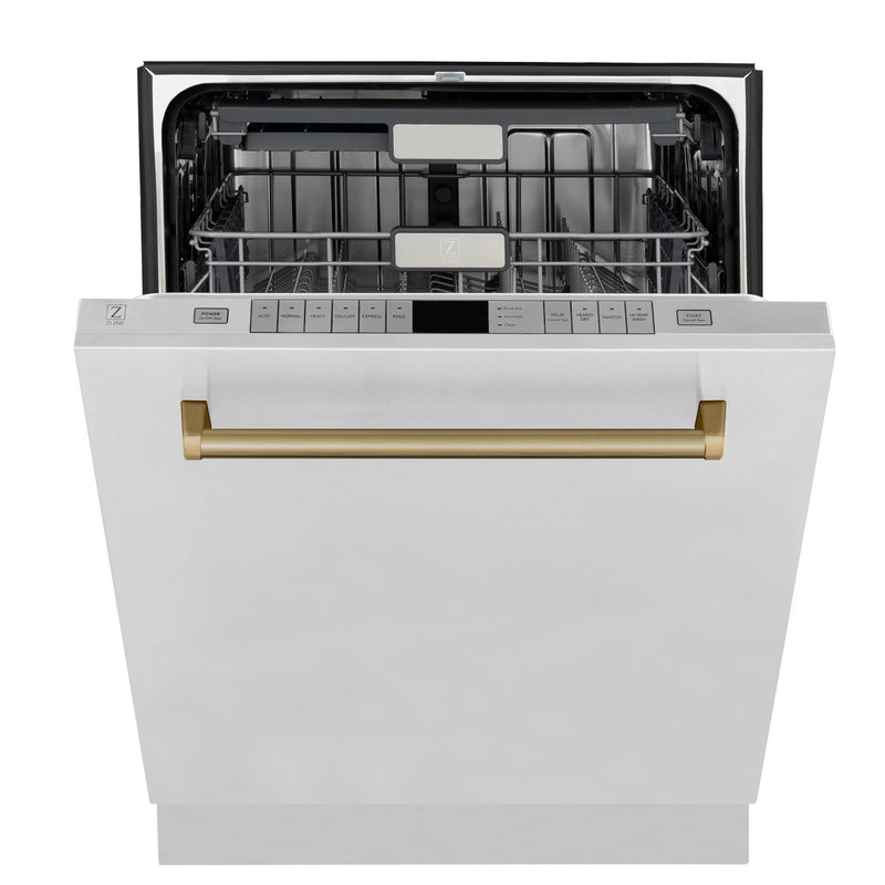 ZLINE 4-Piece Appliance Package - 48-Inch Dual Fuel Range, Hood, Refrigerator with Water Dispenser, and Dishwasher in Stainless Steel with Champagne Bronze Accents