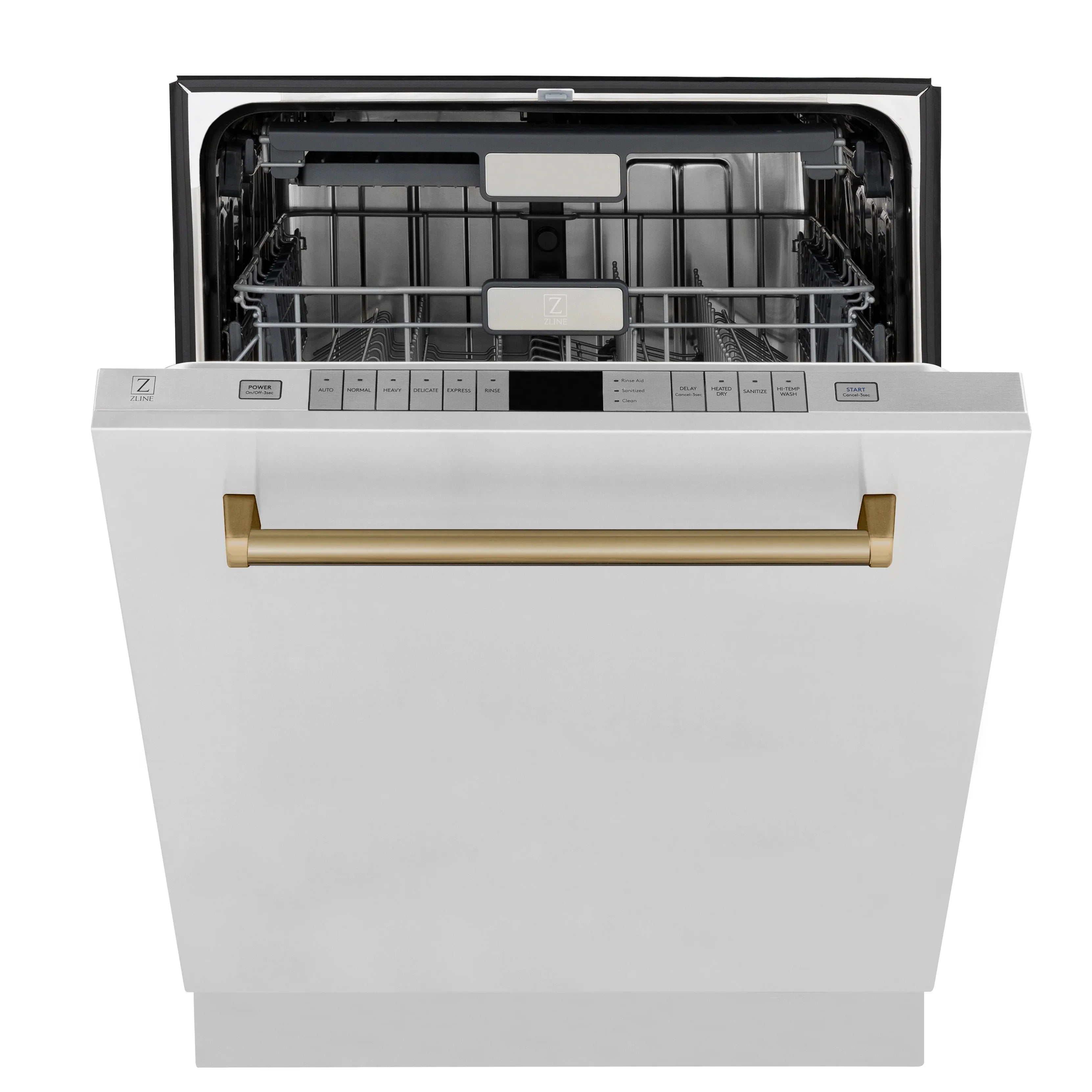 Built-in dishwasher open drawer with racks and champagne bronze pull handle