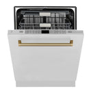 ZLINE 5-Piece Appliance Package - 36-Inch Gas Range, Hood, Refrigerator with Water Dispenser, Dishwasher, and Microwave Drawer in Stainless Steel with Champagne Bronze Accents