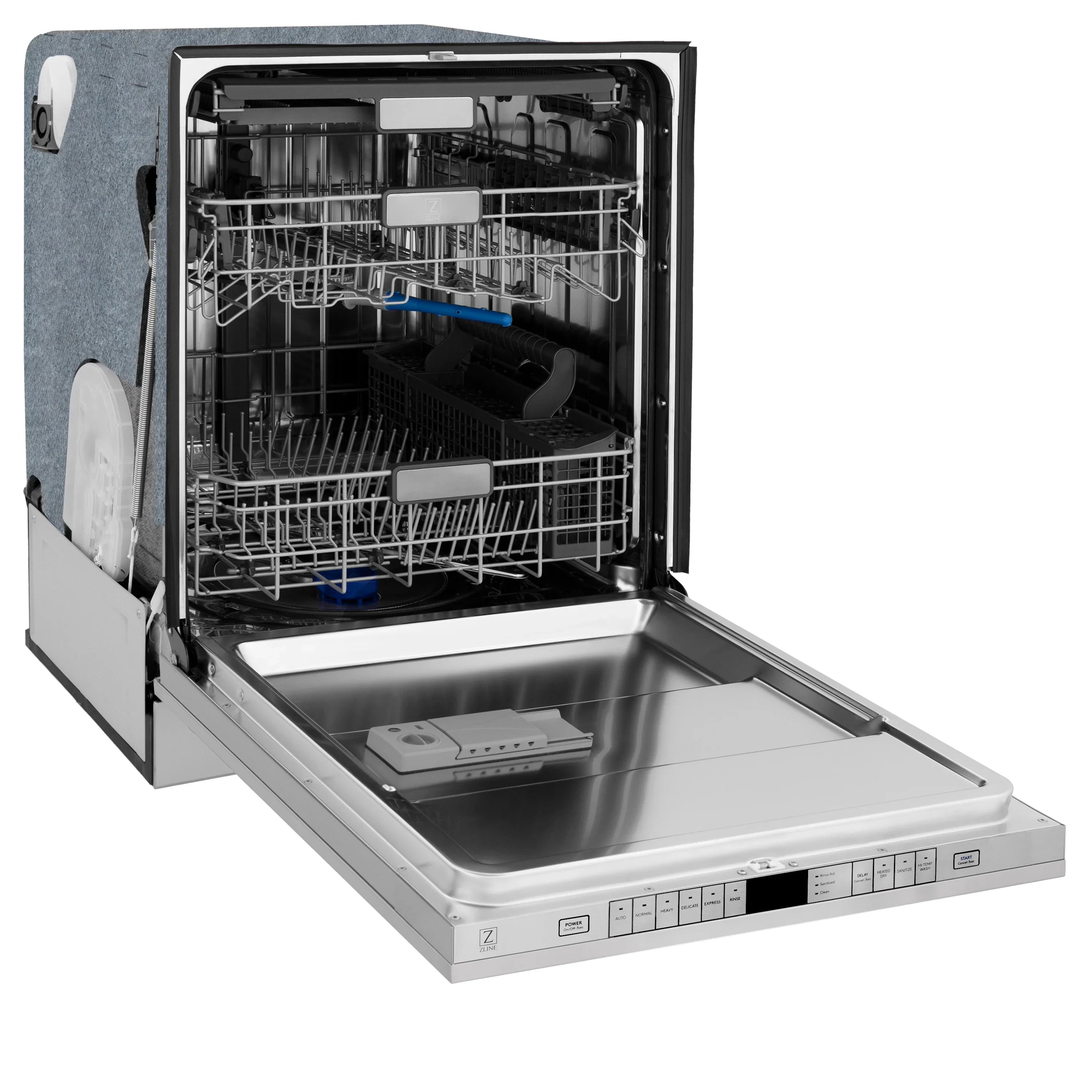 Stainless dishwasher interior with racks and blue accents