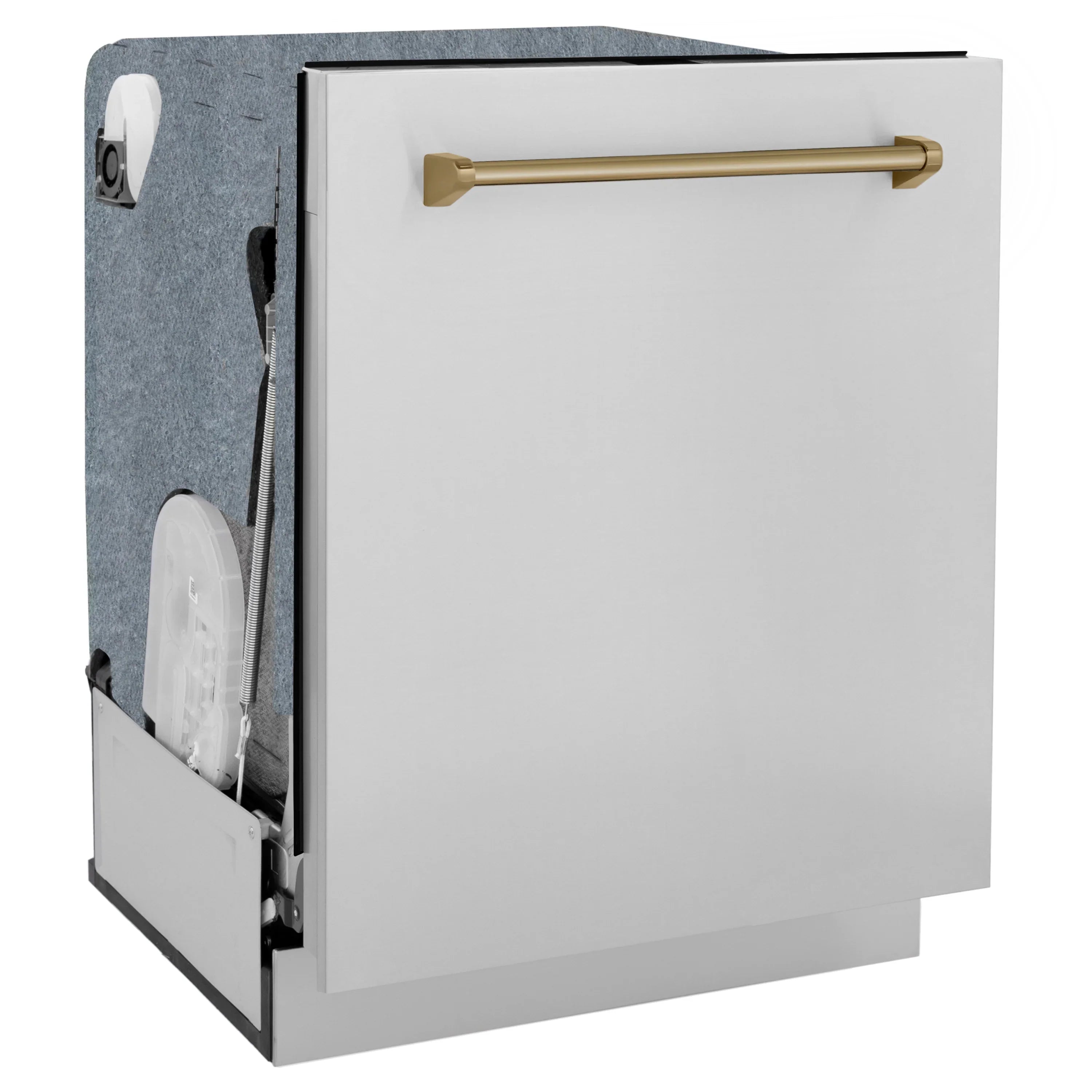 Dishwasher door front with champagne bronze bar handle and white finish