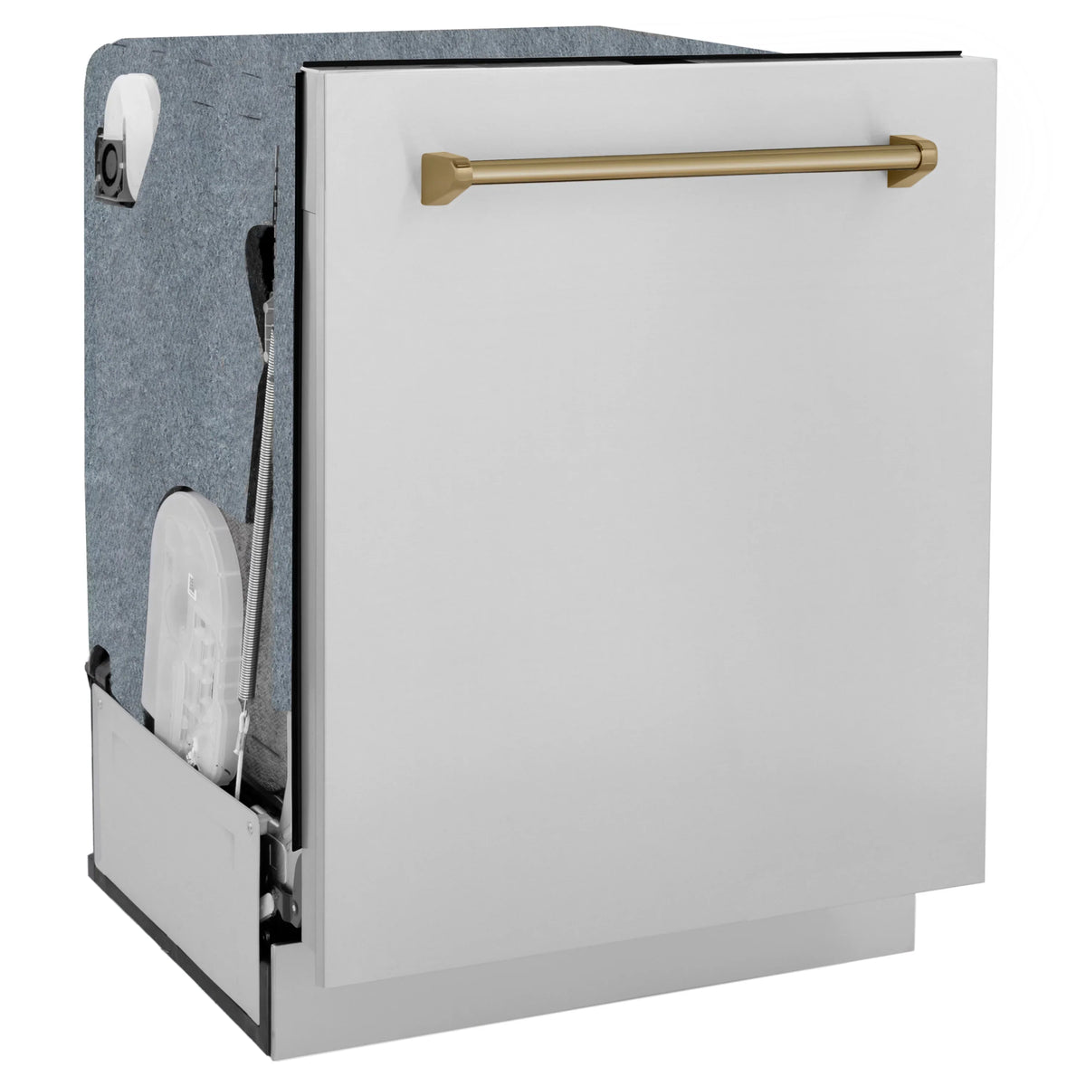 Open dishwasher door showing interior racks and champagne bronze handle