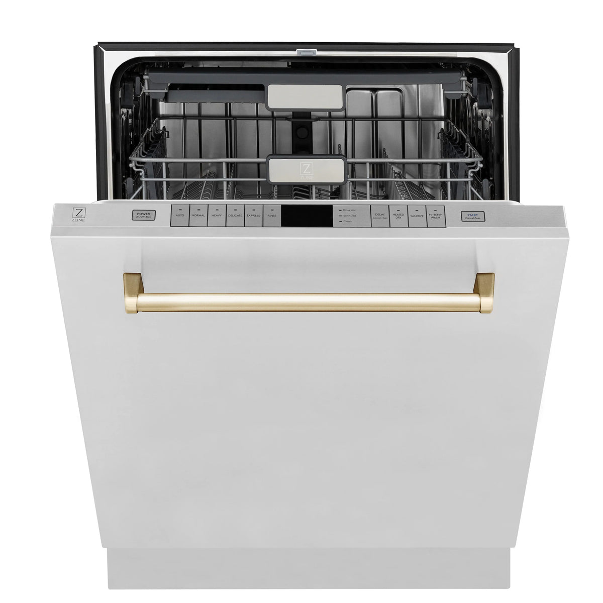 Open dishwasher with front control area and gold bar handle