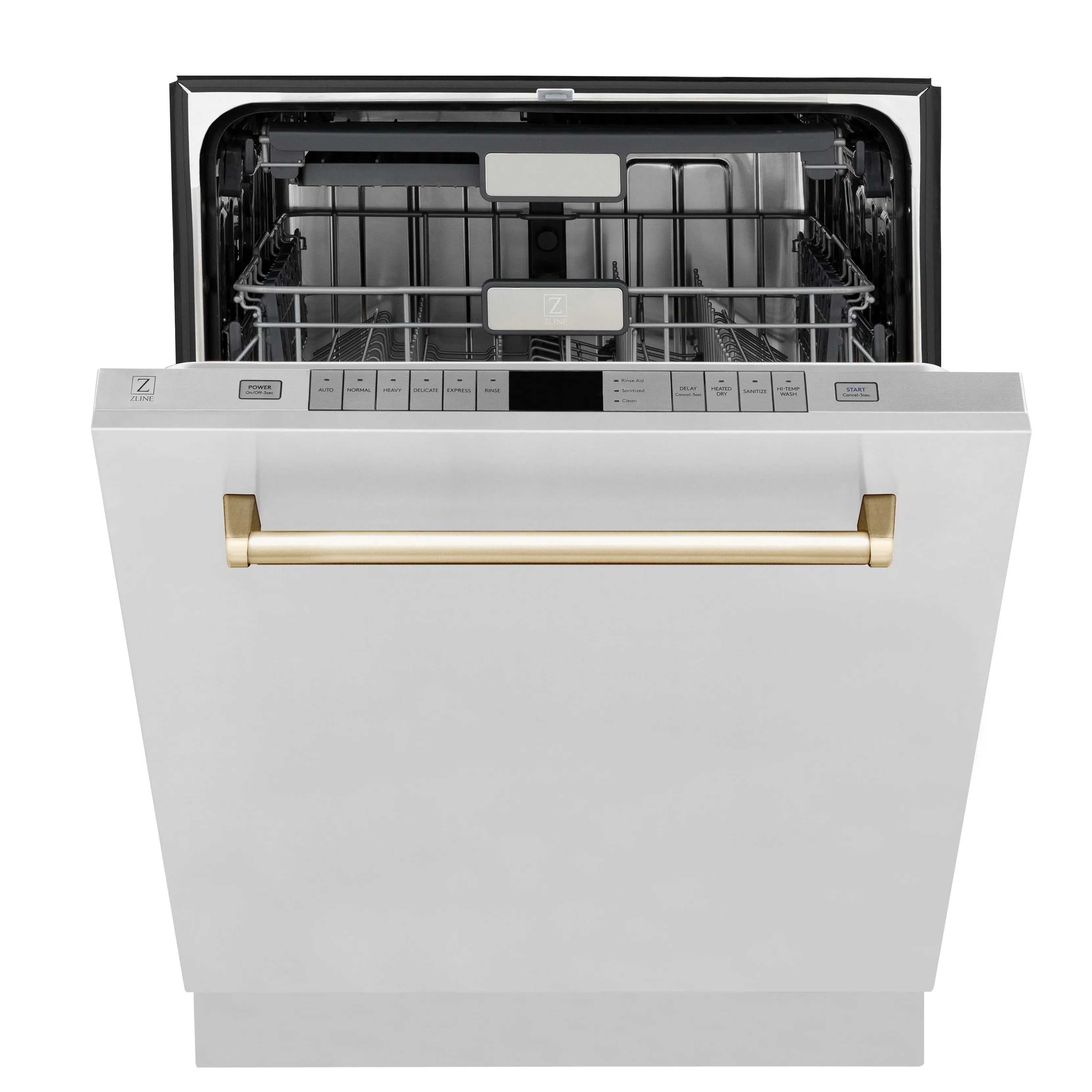 Built-in dishwasher with open door, racks inside, and gold bar handle