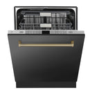 ZLINE 5-Piece Appliance Package - 36-Inch Gas Range, Hood, Refrigerator with Water Dispenser, Dishwasher, and Microwave Drawer in Black Stainless Steel with Champagne Bronze Accents