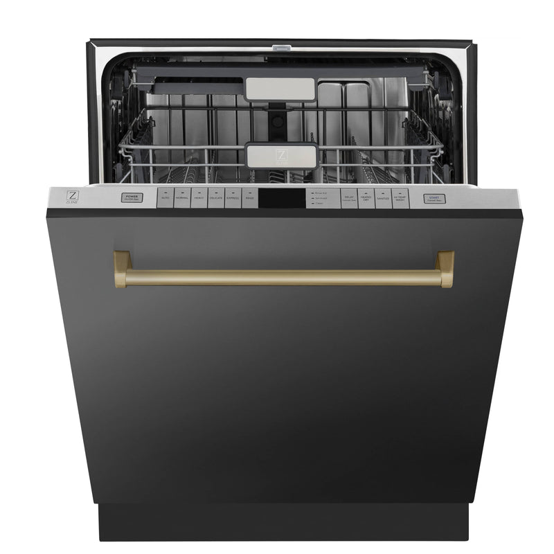 ZLINE 5-Piece Appliance Package - 36-Inch Gas Range, Hood, Refrigerator, Dishwasher, and Microwave Drawer in Black Stainless Steel with Champagne Bronze Accents