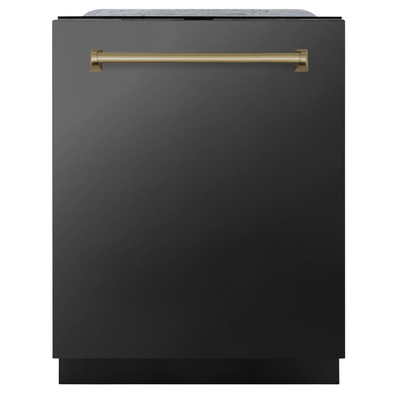 ZLINE 5-Piece Appliance Package - 36-Inch Gas Range, Hood, Refrigerator, Dishwasher, and Microwave Drawer in Black Stainless Steel with Champagne Bronze Accents