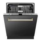 ZLINE 4-Piece Appliance Package - 48-Inch Gas Range, Hood, Refrigerator, and Dishwasher in Black Stainless Steel with Gold Accents