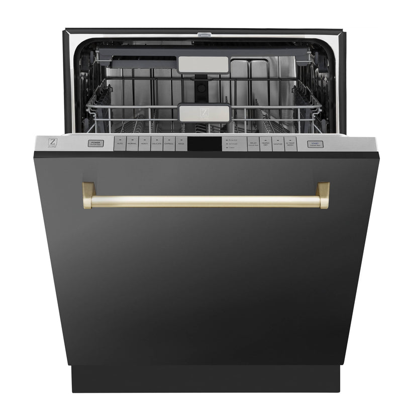 ZLINE 4-Piece Appliance Package - 36-Inch Gas Range, Hood, Refrigerator with Water Dispenser, and Dishwasher in Black Stainless Steel with Gold Accents