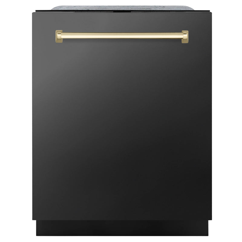 ZLINE 4-Piece Appliance Package - 36-Inch Gas Range, Hood, Refrigerator with Water Dispenser, and Dishwasher in Black Stainless Steel with Gold Accents