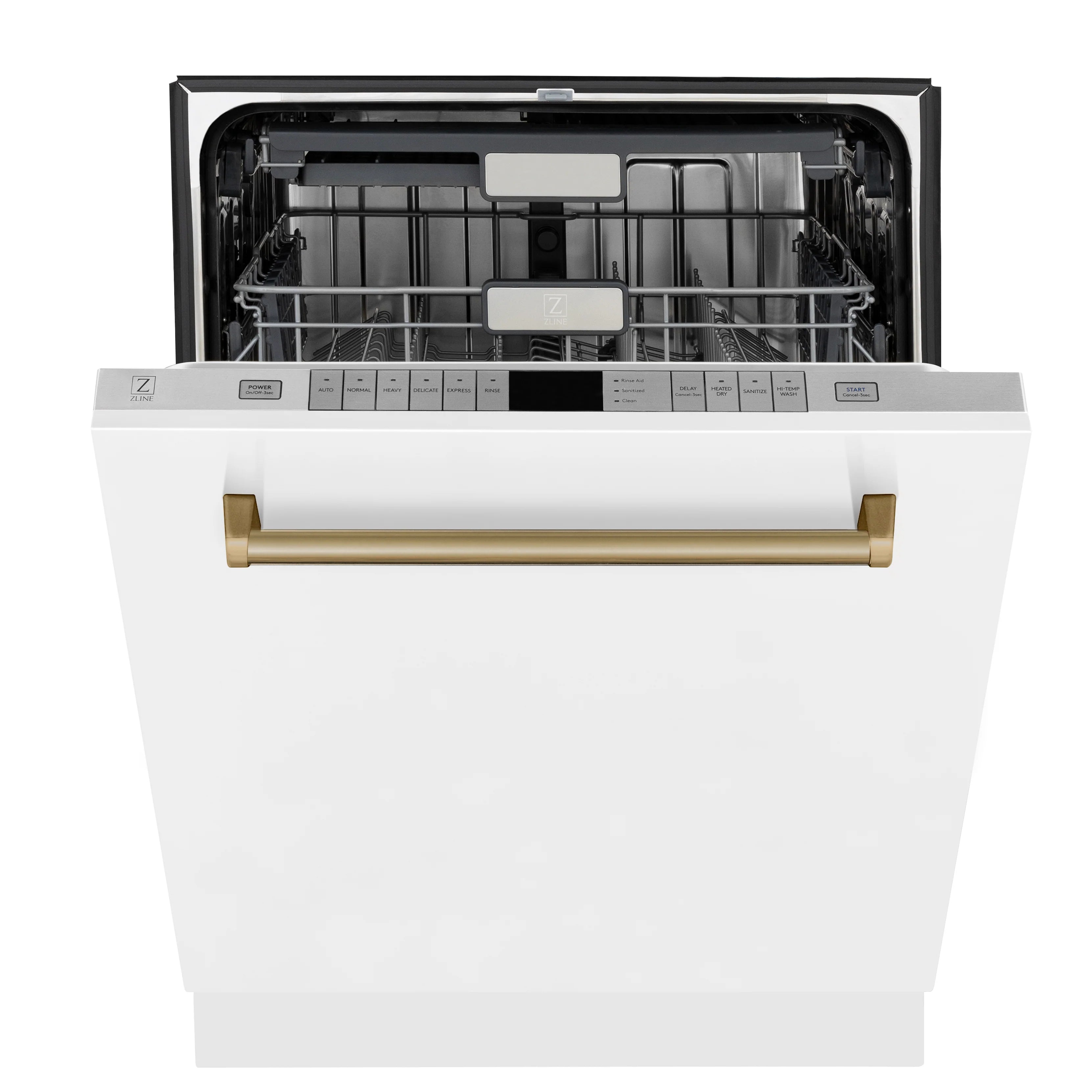 White dishwasher door with open rack and gold bar handle