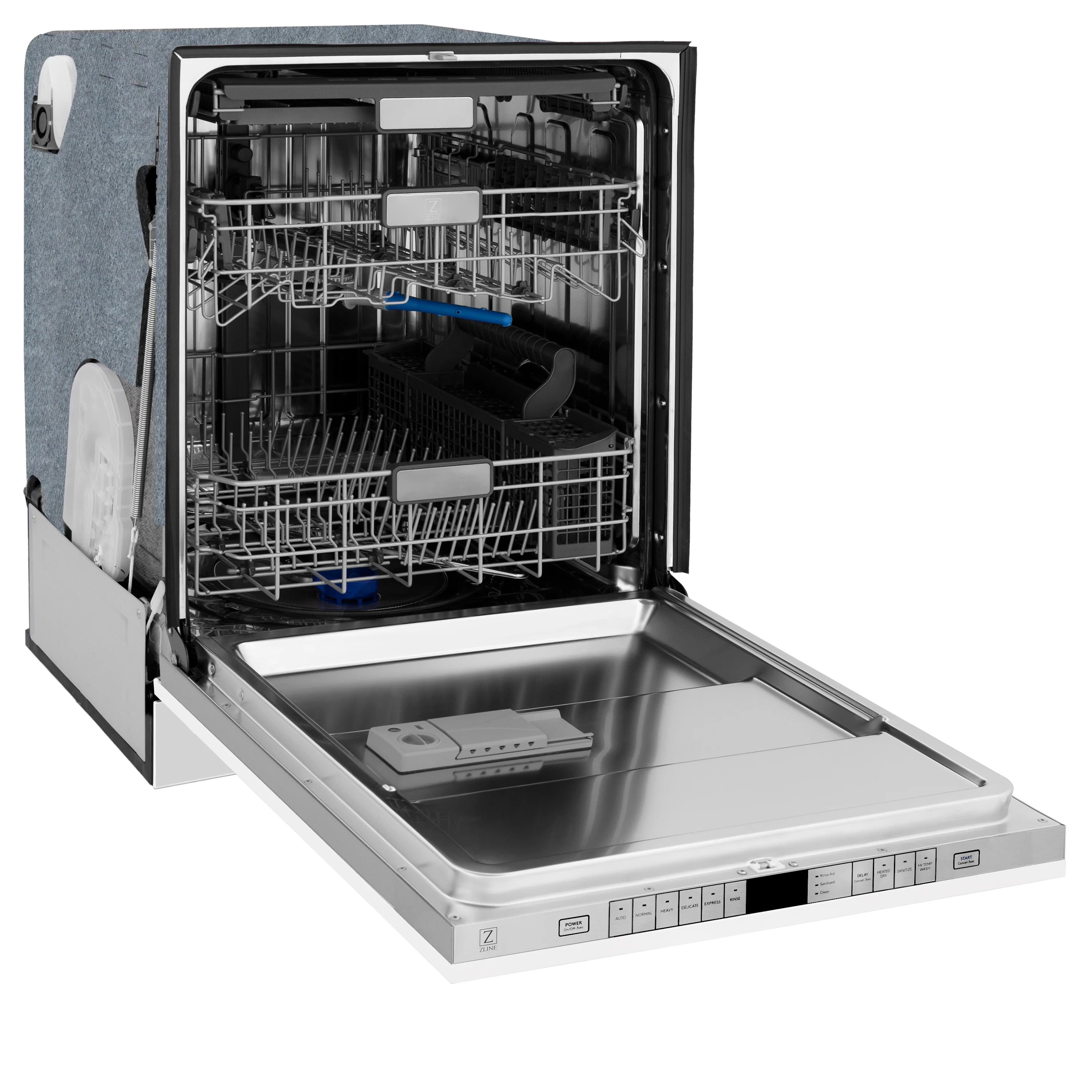 Open dishwasher interior with racks, silver tub, and control panel at bottom