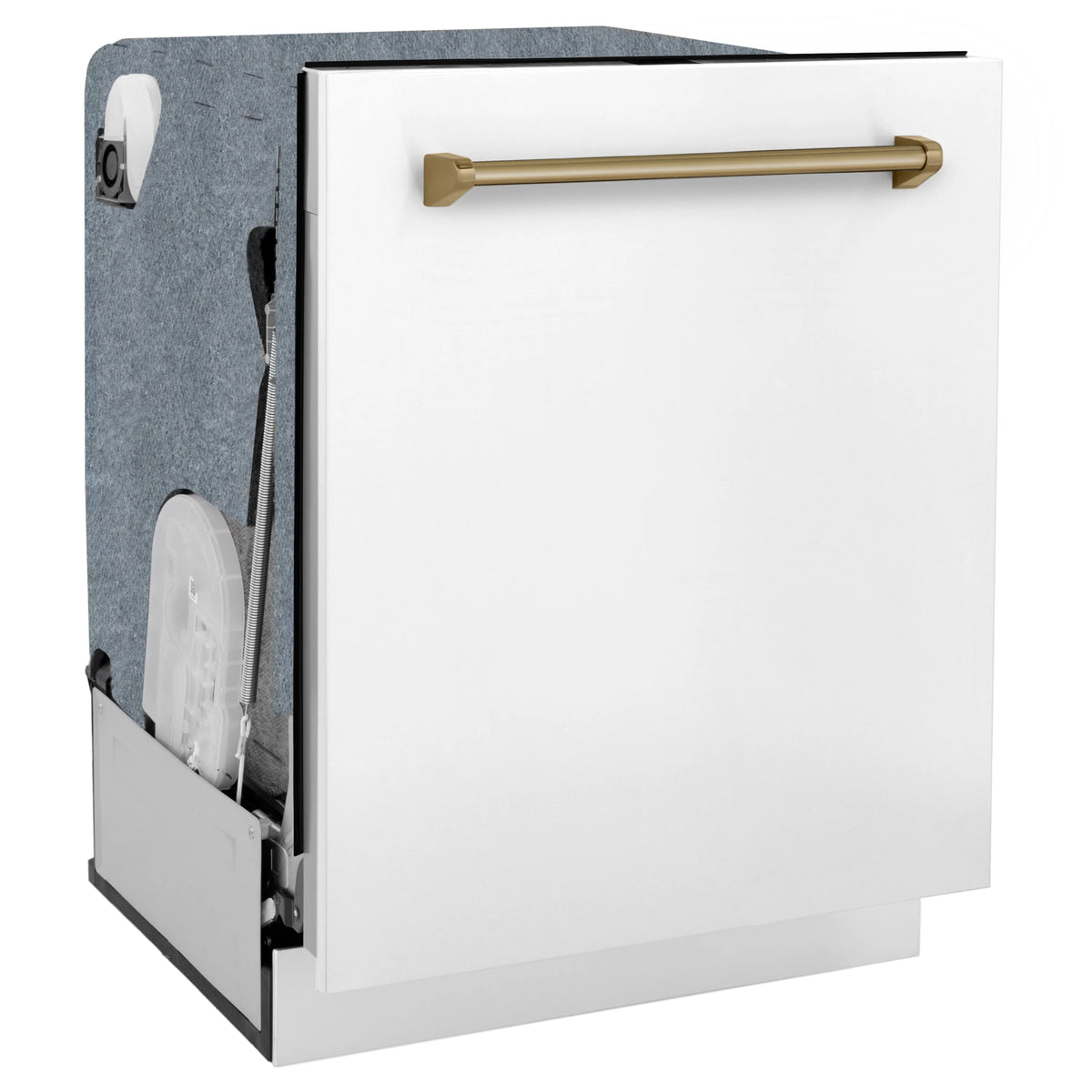 White dishwasher with side access panel and champagne bronze bar handle