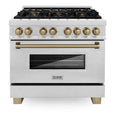 ZLINE Legacy Series Autograph Edition 36-inch Dual Fuel Range with Gas Stove and 4.6 Cu. Ft. Electric Oven in Fingerprint Resistant Satin Stainless Steel with Champagne Bronze Accents (RASZ-SN-36-CB)