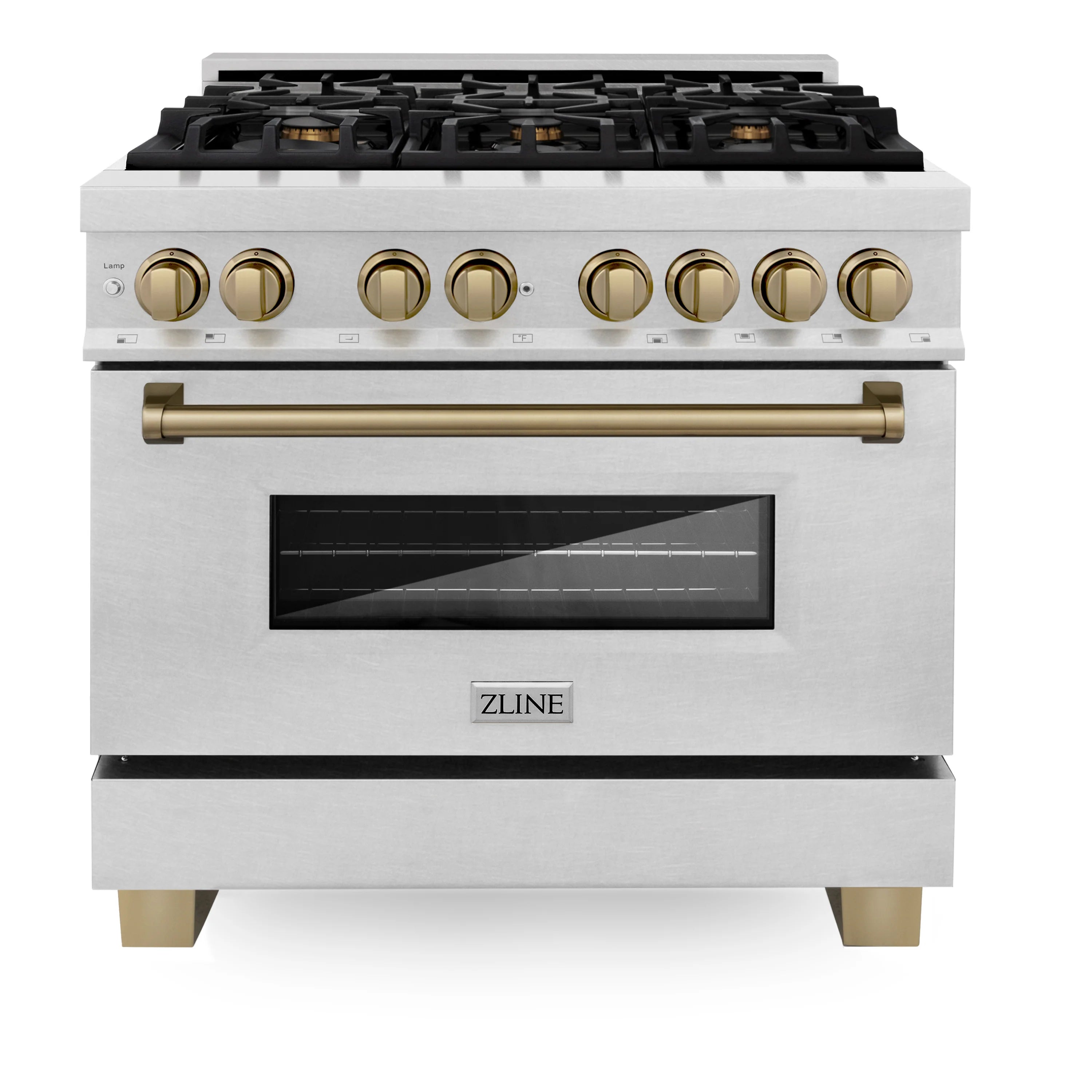 Dual fuel range front view with satin stainless body, gold knobs, and oven door window
