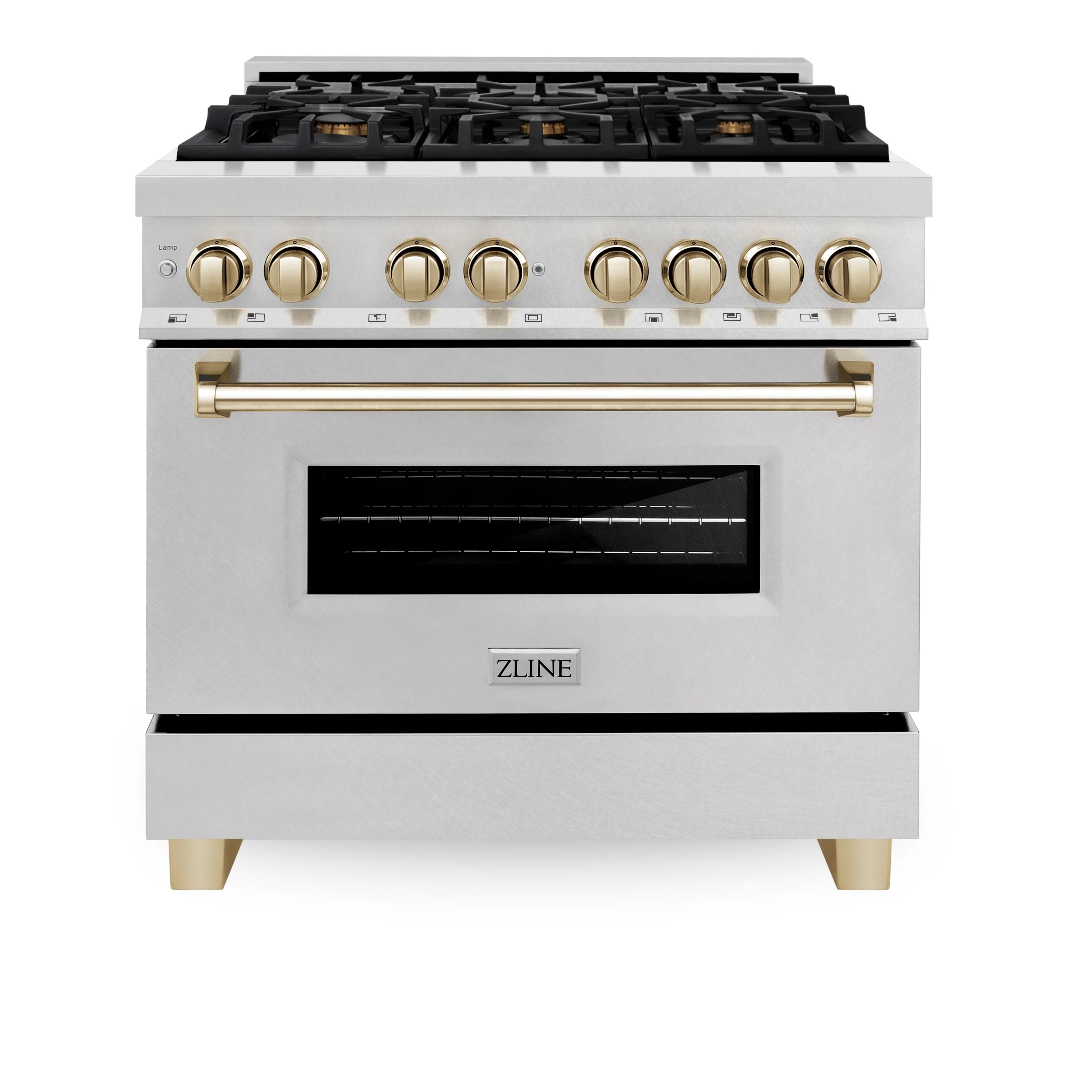 Fingerprint-resistant stainless range front with gold knobs and oven door window