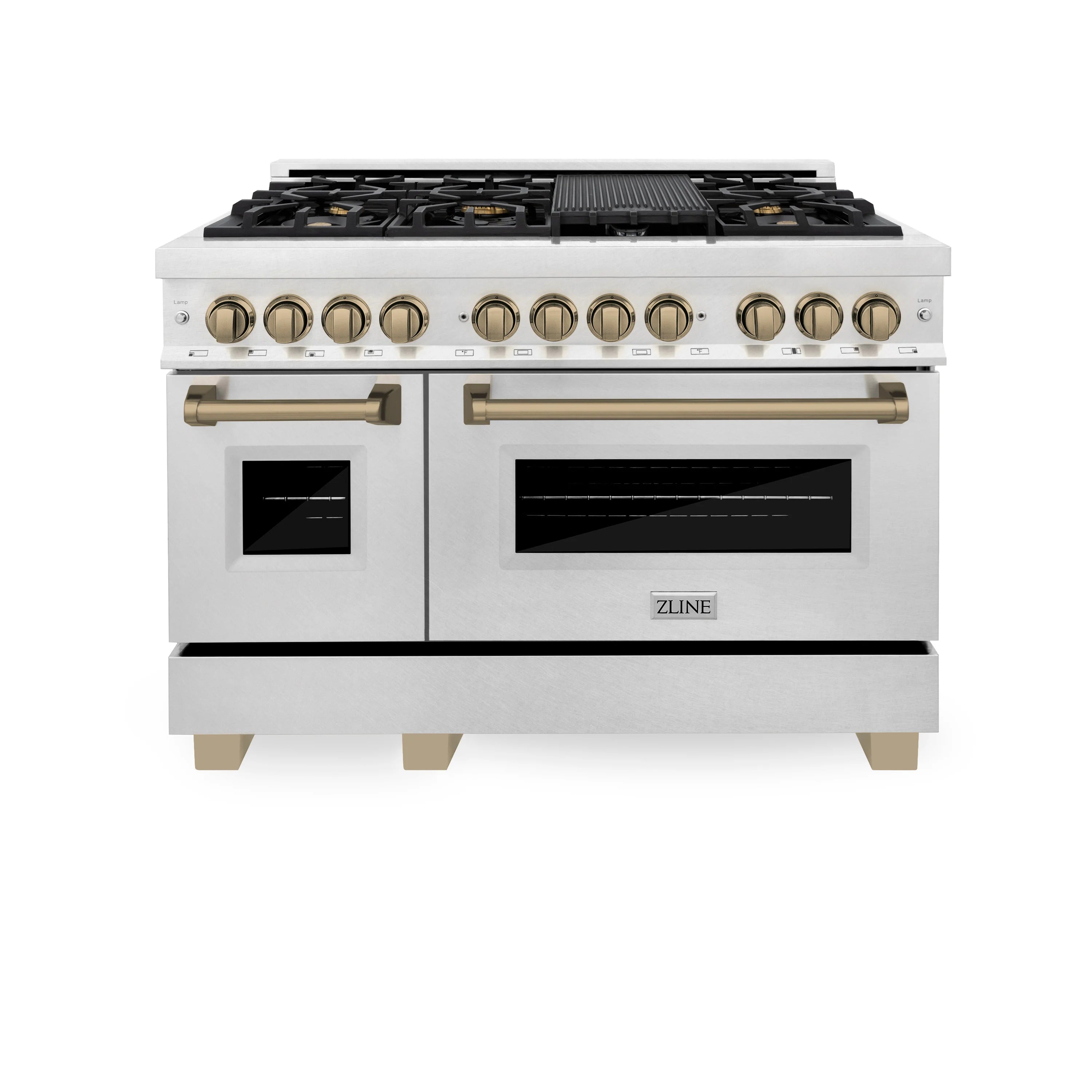 Stainless dual fuel range front with bronze knobs, burner grates, and twin oven doors