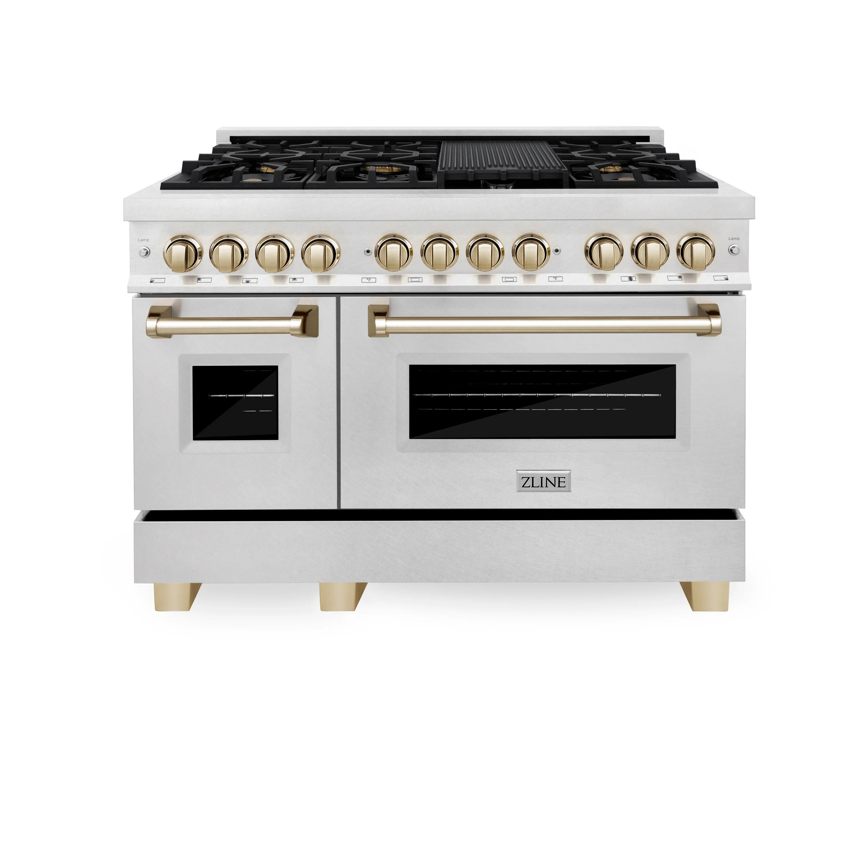 Dual fuel range front view with gold knobs, satin stainless doors, black oven windows