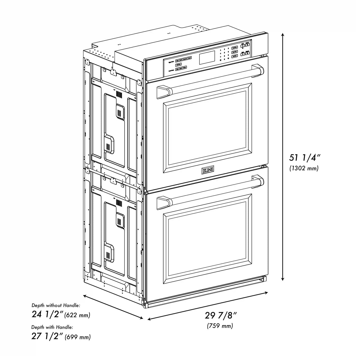 ZLINE double wall oven dimensions diagram with depth and height measurements