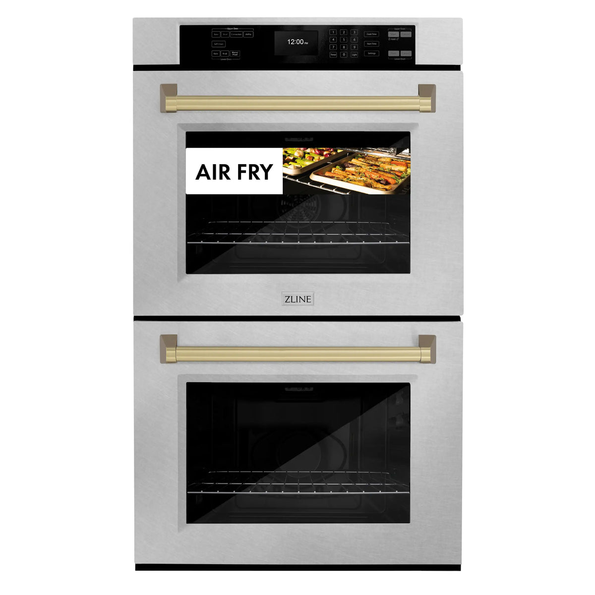 Double wall oven with two glass doors and “AIR FRY” display above the top cavity