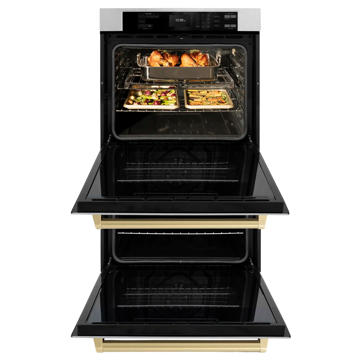 Double wall oven open with upper and lower trays holding baked food